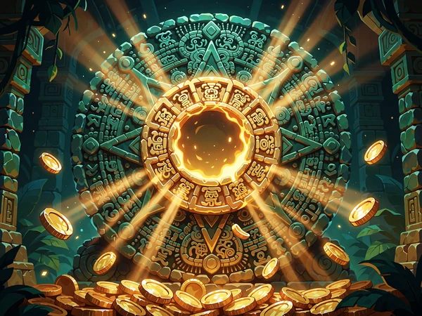 Świecący kamienny kalendarz z glifami i spadającymi złotymi monetami - slot jackpot Calendar of Gold
