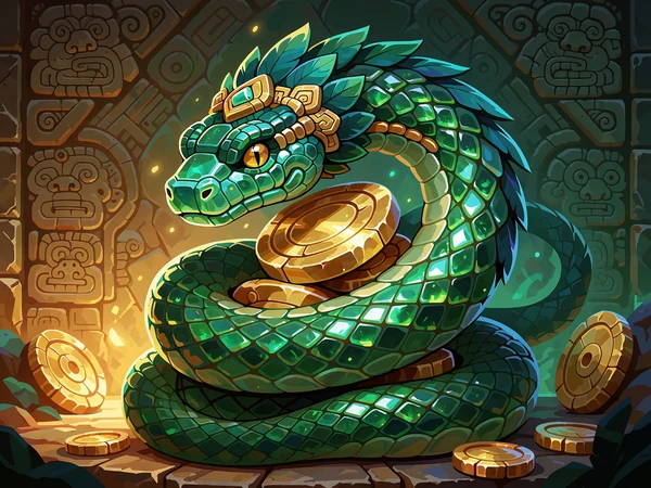 Jadeitowy pierzasty wąż owinięty wok&oacute;ł złotych dysk&oacute;w - slot Jade Serpent w Tikal Casino