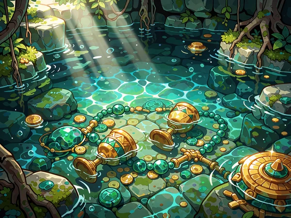Zatopione złote puchary i jadeitowe korale w turkusowej wodzie cenote - slot Cenote Treasure