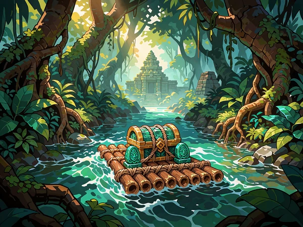 Drewniana tratwa ze skrzynią skarb&oacute;w na turkusowej rzece w dżungli - slot River Raft Treasure