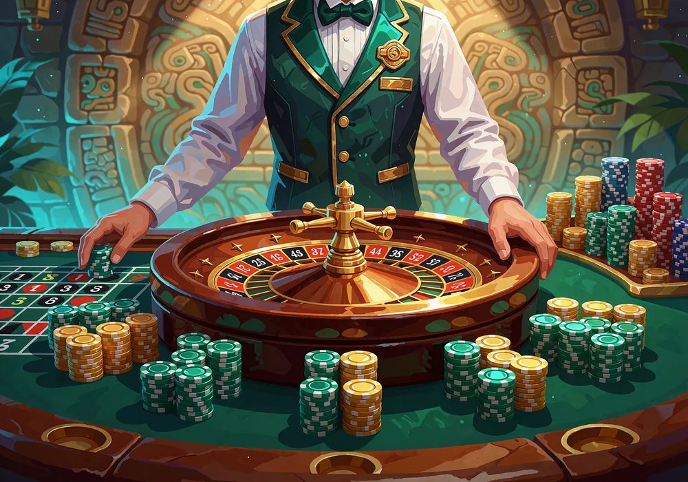 Krupier przy stole ruletki z żetonami w kamiennej alkowie - kasyno na żywo w Tikal Casino
