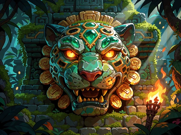 Kamienna głowa jaguara ze świecącymi oczami w ścianie świątyni - slot Jaguar Temple Guardian